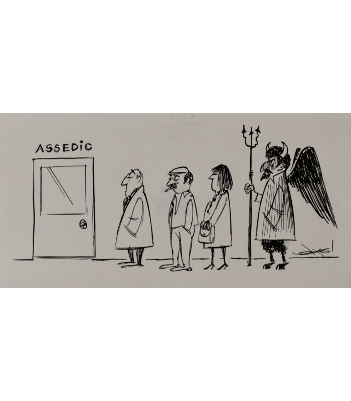 AXEL "Assedic et le Diable au chômage". Dessin de presse original signé.