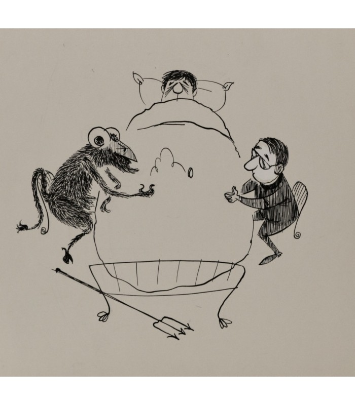 AXEL "Le Diable joue à pile ou face, l'âme du défunt avec un prêtre" - Dessin de presse original.