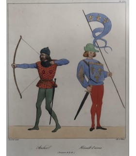 DEVILLAIN " Archer - Hérault D'armes" - Gravure originale coloriée au pochoir.
