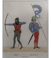 DEVILLAIN " Archer - Hérault D'armes" - Gravure originale coloriée au pochoir.