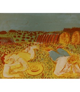 SAVIN Maurice Louis "Couple allongé au soleil" - Lithographie originale en couleur signée.