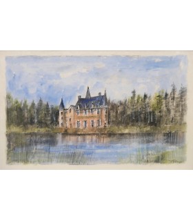 REMON Jean-Pierre "Le Château au bord du lac" - Gouache signée.