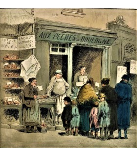 NICK Gaston (PETRELLI dit) - « Aux pêches de Boulogne » rue Mouffetard- Les métiers de Paris - Gravure originale.