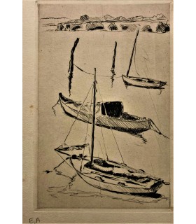 NICK Gaston (PETRELLI dit) « Bateaux au corps mort » Cannes?- Gravure originale.