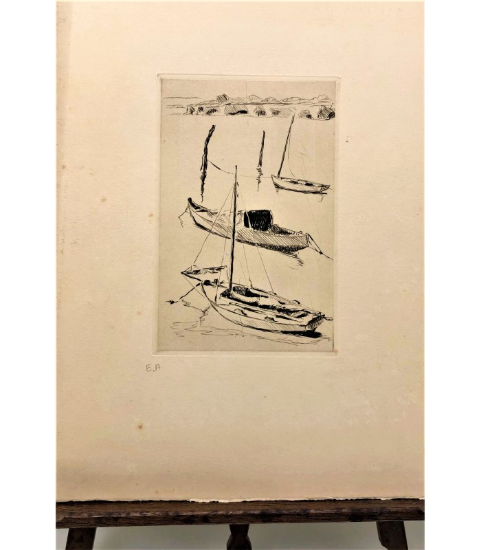 NICK Gaston (PETRELLI dit) « Bateaux au corps mort » Cannes?- Gravure originale.