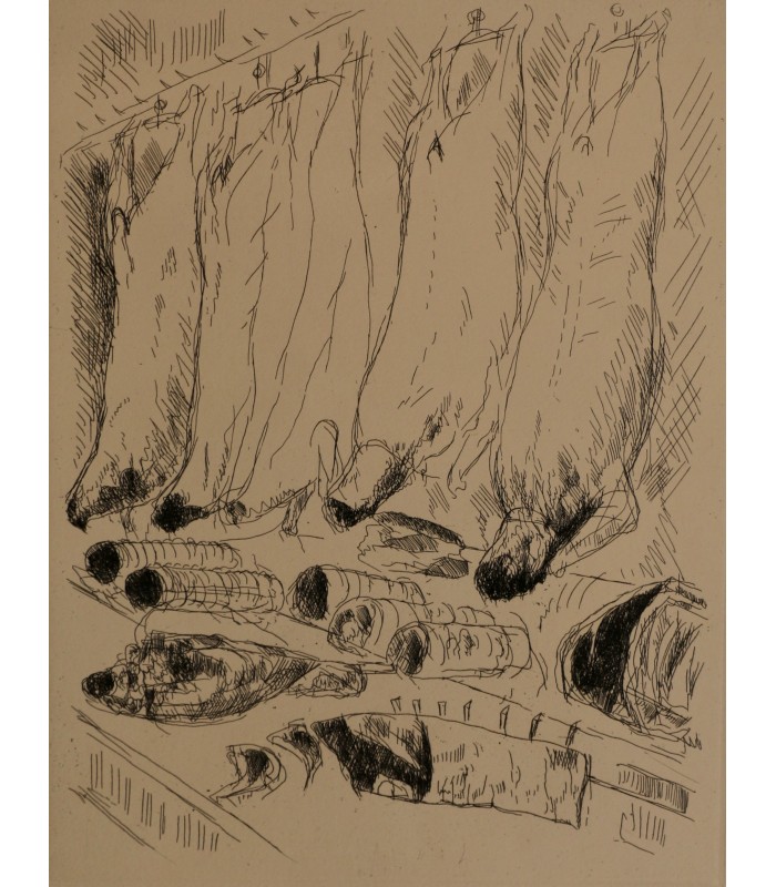 SEGONZAC Dunoyer de André "L'étalage d'une boucherie" - Gravure originale signée.