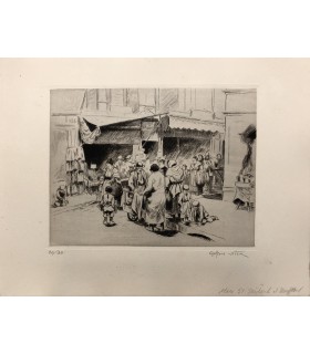 NICK Gaston (PETRELLI dit) - « Place St Médard et rue Mouffetard à Paris » - Les Métiers de Paris-Gravure originale.