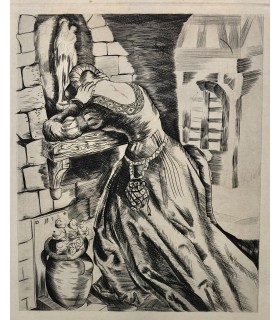 GUEZENNEC Lucien "Faust de Goethe - Marguerite priant la Sainte Vierge" - Gravure originale signée.