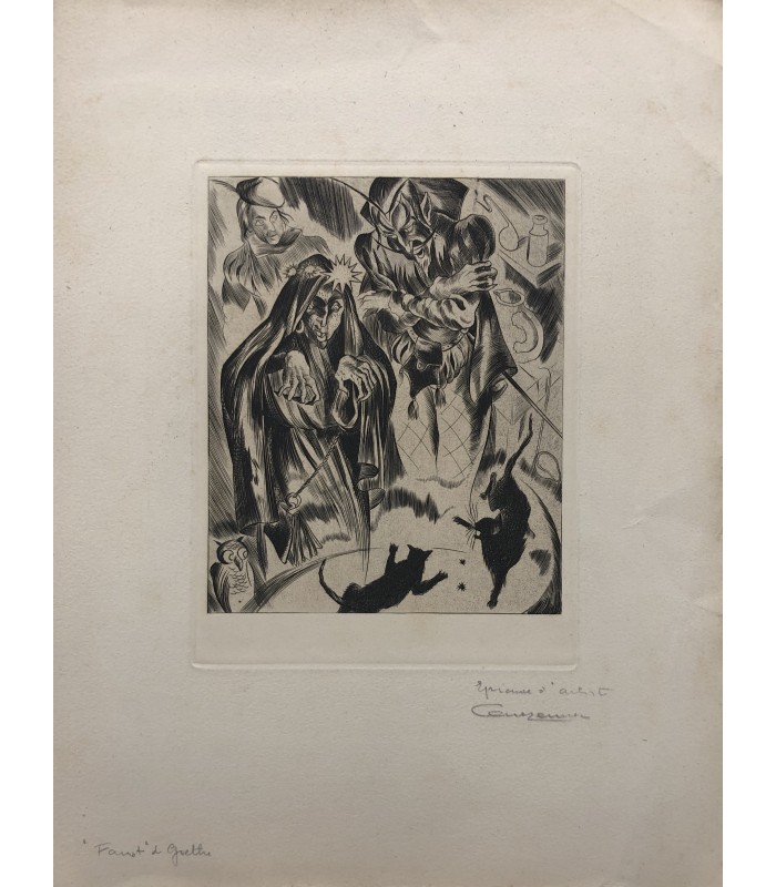 GUEZENNEC Lucien "Faust de Goethe - Le Diable et la Devineresse" - Gravure originale signée.