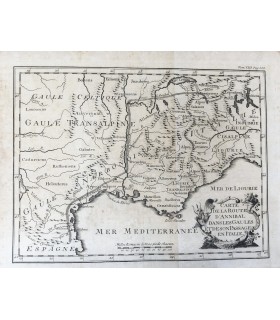 Carte de la route d'Annibal dans les Gaules et de son passage en Italie - Gravure originale du XVIII° siècle.