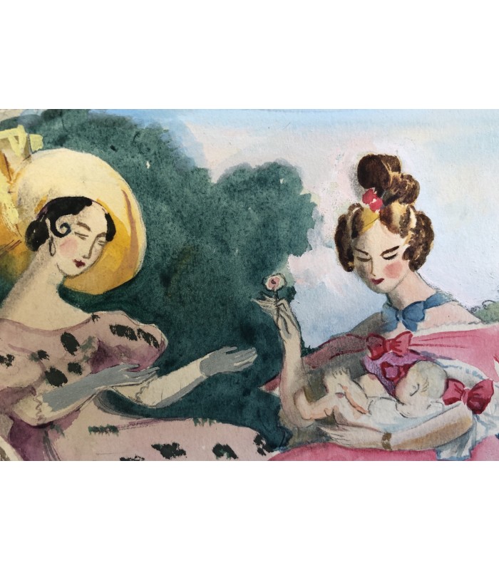 Carel & Tragit "L'Enfant et les deux amies" - Auger Raoul - Aquarelle originale.
