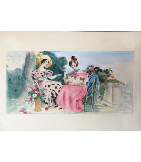 Carel & Tragit "L'Enfant et les deux amies" - Auger Raoul - Aquarelle originale.