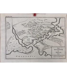 Carte du Bosphore de Trace avec Constantinople divisée en quartiers- Gilles Pierre 1729 - Gravure originale du XVIII° siècle