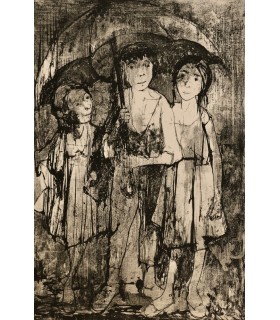 JANSEM Jean "Trois jeunes filles au parapluie" - Lithographie originale signée.