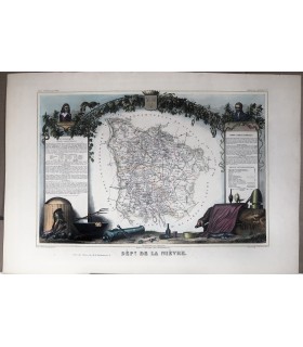 Carte du département de la Nièvre - Gravure originale en couleur du XIX° siècle