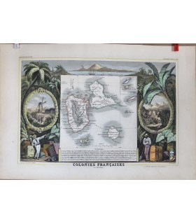 Carte des Colonies Françaises en Amérique - La Guadeloupe - Gravure originale en couleur du XIX° siècle
