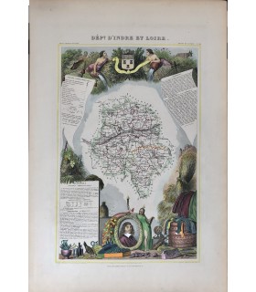 Carte du département de l'Indre et Loire - Gravure originale en couleur du XIX° siècle
