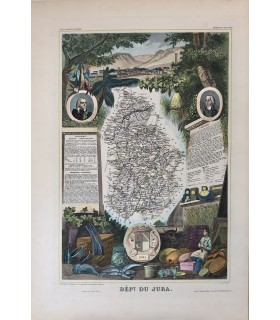 Carte du département du Jura - Gravure originale en couleur du XIX° siècle