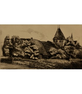 LEOPOLD-LEVY "Église de Poivre dans l'Aude" - Gravure originale signée.