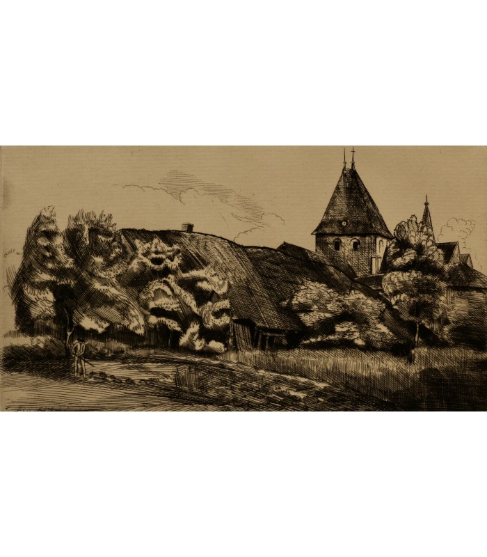 LEOPOLD-LEVY "Église de Poivre dans l'Aude" - Gravure originale signée.