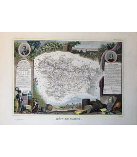 Carte de l'Aude - Gravure originale en couleur du XIX° siècle