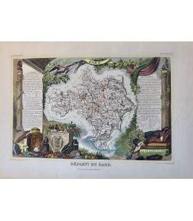 Carte du Gard - Gravure originale en couleur du XIX° siècle