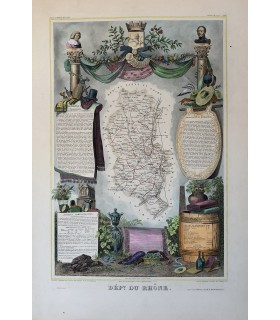 Carte du Rhône - Gravure originale en couleur du XIX° siècle