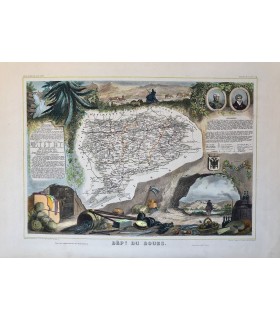 Carte du Doubs - Gravure originale en couleur du XIX° siècle