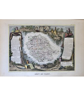 Carte du Tarn - Gravure originale en couleur du XIX° siècle