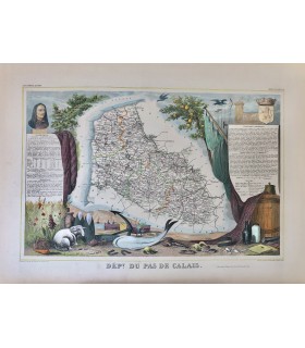 Carte du Pas de Calais - Gravure originale en couleur du XIX° siècle