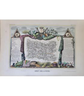 Carte de l'Oise - Gravure originale en couleur du XIX° siècle