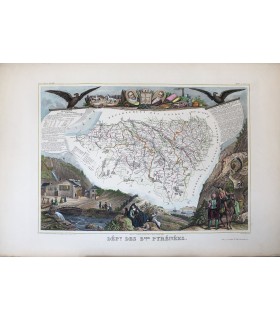 Carte des Basses Pyrénées - Gravure originale en couleur du XIX° siècle