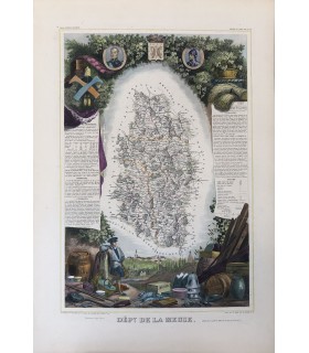 Carte de la Meuse - Gravure originale en couleur du XIX° siècle
