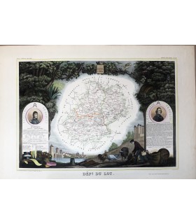 Carte du Lot - Gravure originale en couleur du XIX° siècle