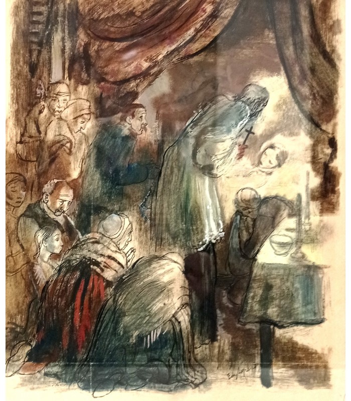 EDY-LEGRAND "L'Extrème-onction" Aquarelle originale signée.