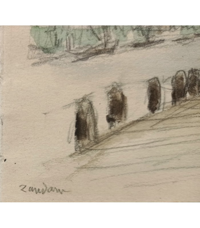 FRELAUT Jean "ZAMDAM bord de mer au Pays-Bas" Aquarelle originale signée.