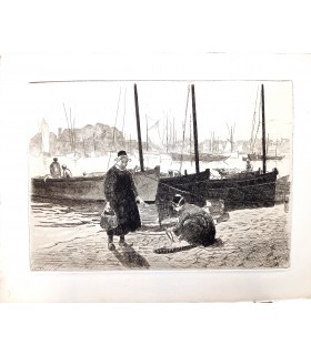 NICK Gaston (PETRELLI dit) « Port de Concarneau, après la pêche» - Gravure originale