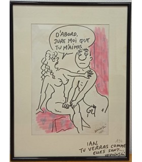 WOLINSKI "D'abord, jure moi que tu m'aimes!" - Dessin original signé.