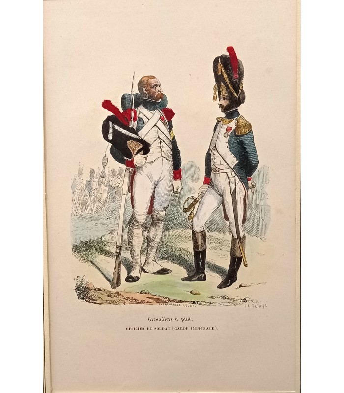 Grenadier à pieds - Garde impériale - officier et soldat - Costume militaire - Gravure originale