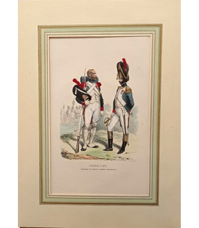 Grenadier à pieds - Garde impériale - officier et soldat - Costume militaire - Gravure originale