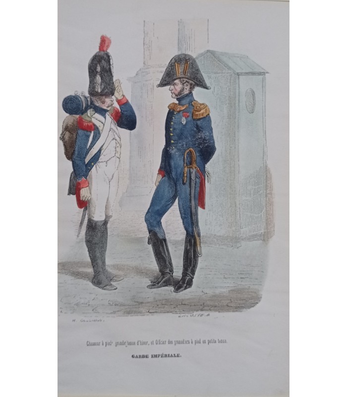 Garde impériale Chasseur à pieds et officier des grenadiers -  Costume militaire - Gravure originale