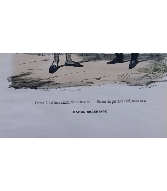Garde impériale Grenadier à pieds et Musicien -  Costume militaire - Gravure originale