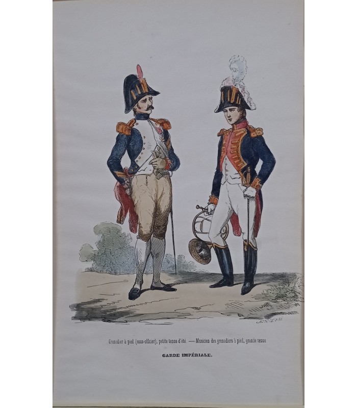 Garde impériale Grenadier à pieds et Musicien -  Costume militaire - Gravure originale