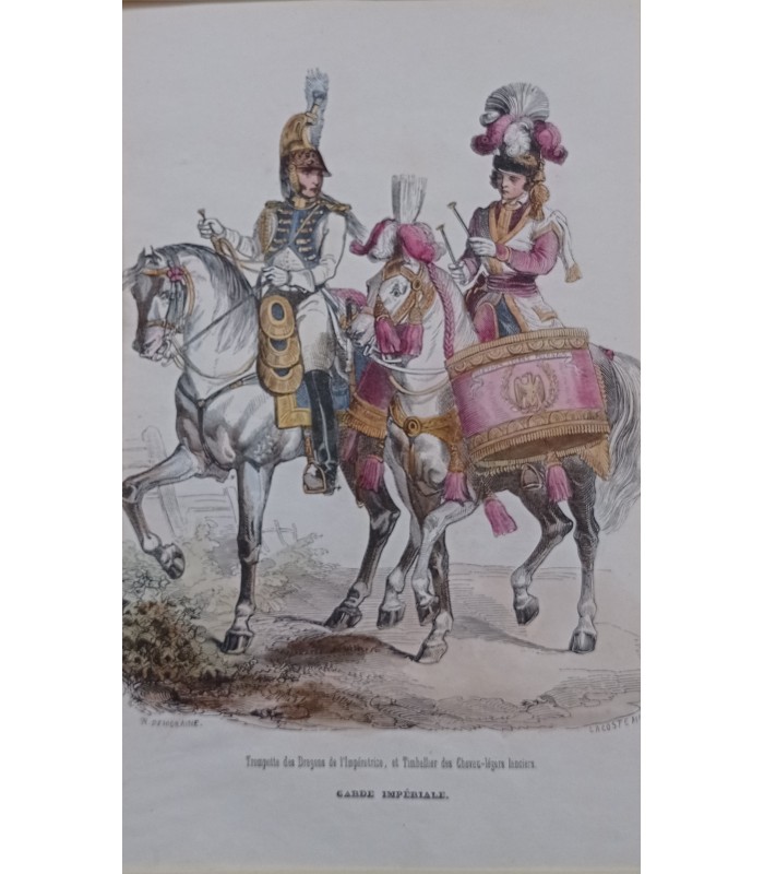 Garde impériale - Trompette et Dragons de l'Impératrice et Timballier - Costume militaire - Gravure originale