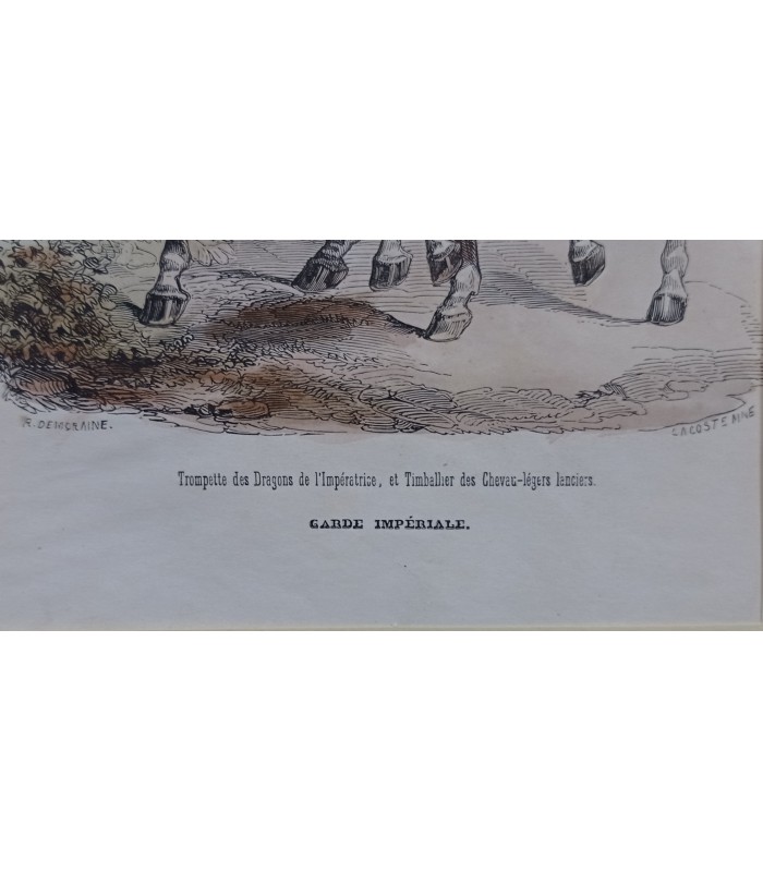 Garde impériale - Trompette et Dragons de l'Impératrice et Timballier - Costume militaire - Gravure originale
