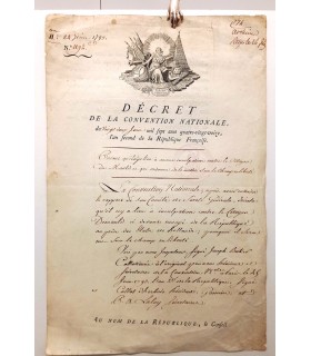 Etats de Hollande et République Française - Décret de la Convention Nationale - 22 juin 1793 - Document historique d'époque