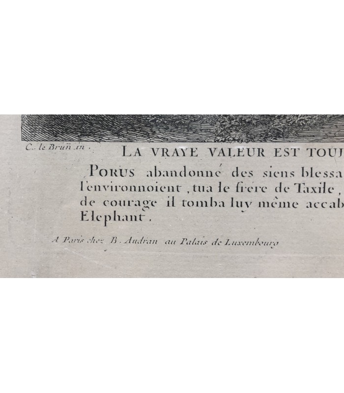 Bataille de Porus - " La Vraie Valeur est Toujours Invincible" - gravure originale