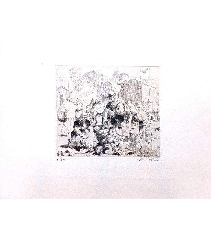 NICK Gaston (PETRELLI dit) - «Chiffonniers au tri - Porte de St Ouen»-Les métiers de Paris - Gravure originale.