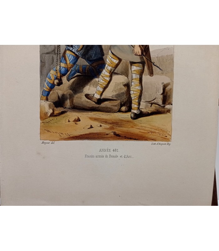 MOYNET - Années 481 Règne de Clovis : Franks armés de fronde et d'arc - Lithographie originale rehaussée à la main