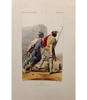 MOYNET - Années 481 Règne de Clovis : Franks armés de fronde et d'arc - Lithographie originale rehaussée à la main